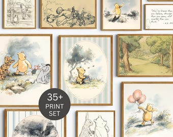 Classic Pooh Bear Nursery Wall Decor Printable Baby Girl Boy Room Artwork Collection Vintage Illustration Storybook Gender Neutral Download