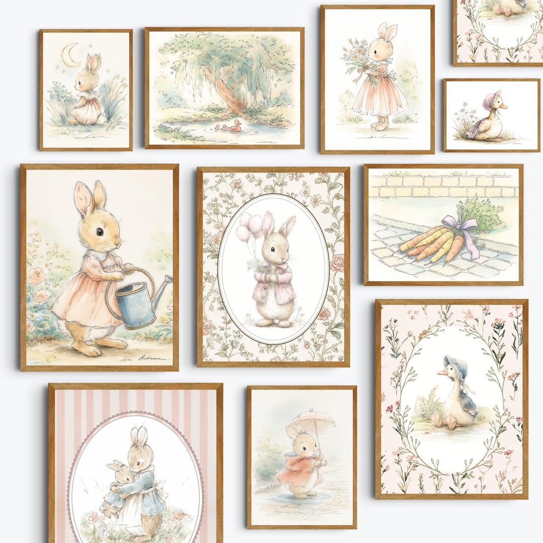 Pink Rabbit Nursery Wall Art Bundle Baby Girl Room Decor Vintage Bunny ...