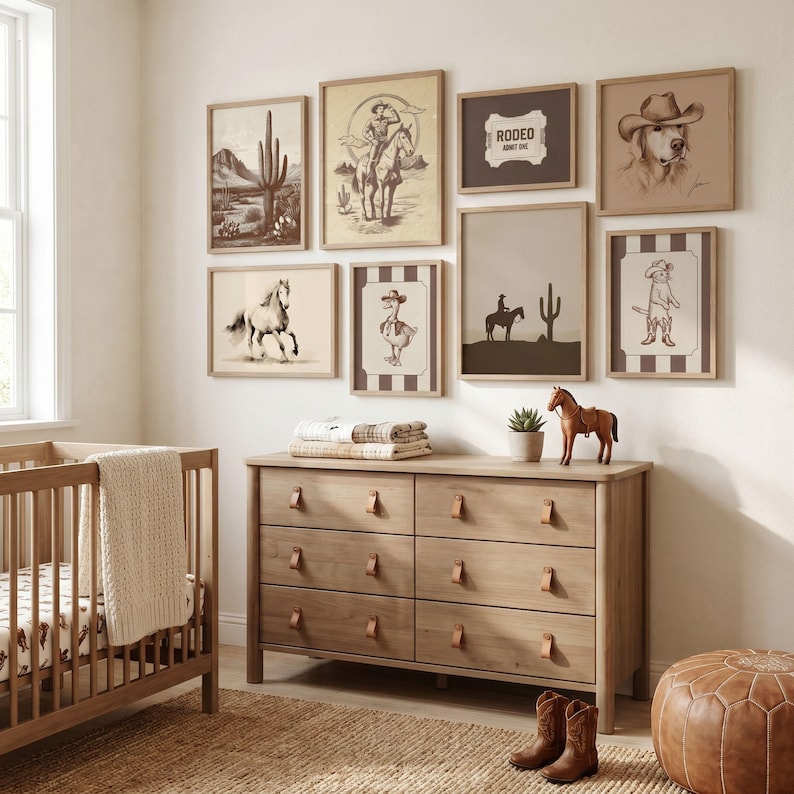 Kids room poster collage with western horse and ranch artwork in a cohesive blue themed gallery wall.