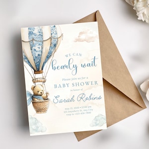 Editable Invite Template Download Baby Boy Shower Invitation Blue Toile Hot Air Balloon