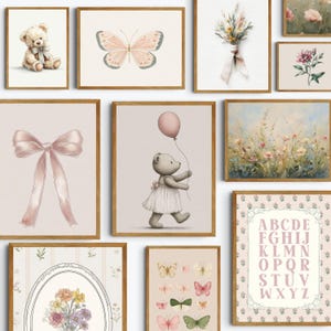 May include: A collection of framed art prints featuring watercolor illustrations. The prints include a teddy bear, a butterfly, a bouquet of flowers, a bow, a bear with a balloon, a floral landscape, an alphabet chart, and various butterflies.