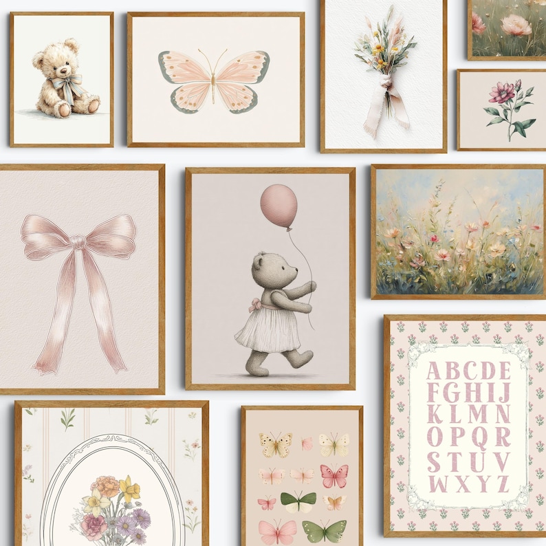 May include: A collection of framed art prints featuring watercolor illustrations. The prints include a teddy bear, a butterfly, a bouquet of flowers, a bow, a bear with a balloon, a floral landscape, an alphabet chart, and various butterflies.