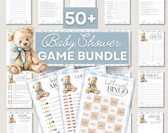 Blue Game Bundle Baby Shower Template Activity Pack Boy Shower Trivia Set Gingham Bear Plaid Daddy Guess Sign Set Predict Instant Download