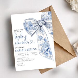 Invite Downloadable Baby Boy Shower Online Invitation Toile De Jouy Coquette Ribbon Pale Blue