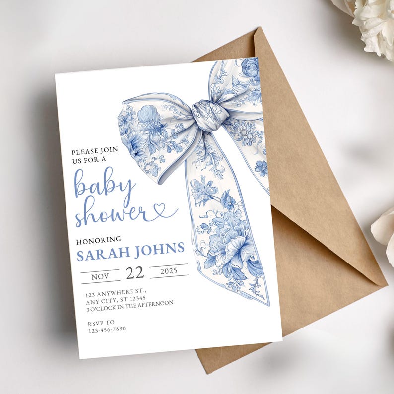 Invite Downloadable Baby Boy Shower Online Invitation Toile De Jouy Coquette Ribbon Pale Blue