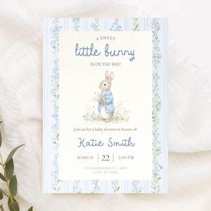 Storybook Rabbit Baby Shower Invitation Download Blue Beatrix Potter Boy Bunny Invite Vintage Theme Editable Card Woodland Cottagecore Evite