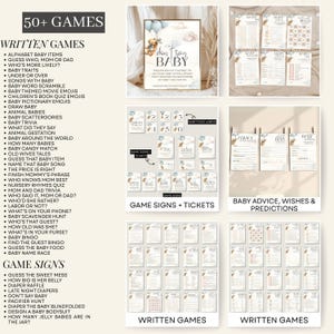 May include: A collection of baby shower games and signs with a neutral color palette. The image includes various game cards, signs, and tickets with text such as "Don't Say Baby" and "Baby Bingo". The theme is centered around baby-related activities.