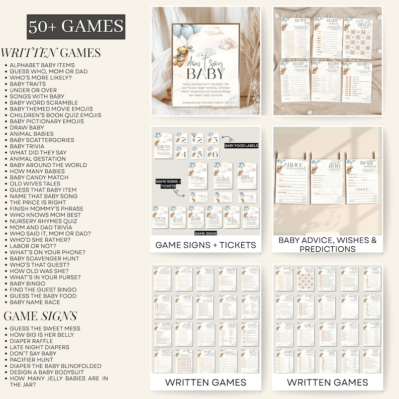 May include: A collection of baby shower games and signs with a neutral color palette. The image includes various game cards, signs, and tickets with text such as "Don't Say Baby" and "Baby Bingo". The theme is centered around baby-related activities.