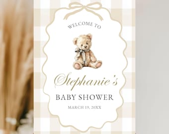 Letrero beige para baby shower, decoración de bienvenida con temática de osito de peluche, póster imprimible a cuadros de búfalo, letrero de género neutro de guinga color canela, bricolaje