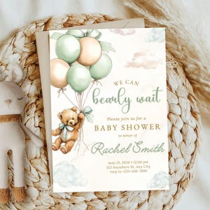 Baby Shower Invitation Bear Theme Template Digital Download Printable Format Editable Text Fields Customizable Event Details Gender Neutral Design Mint Green Peach Balloons Cloud Decorations Cute Modern Style Expecting Parents Celebration