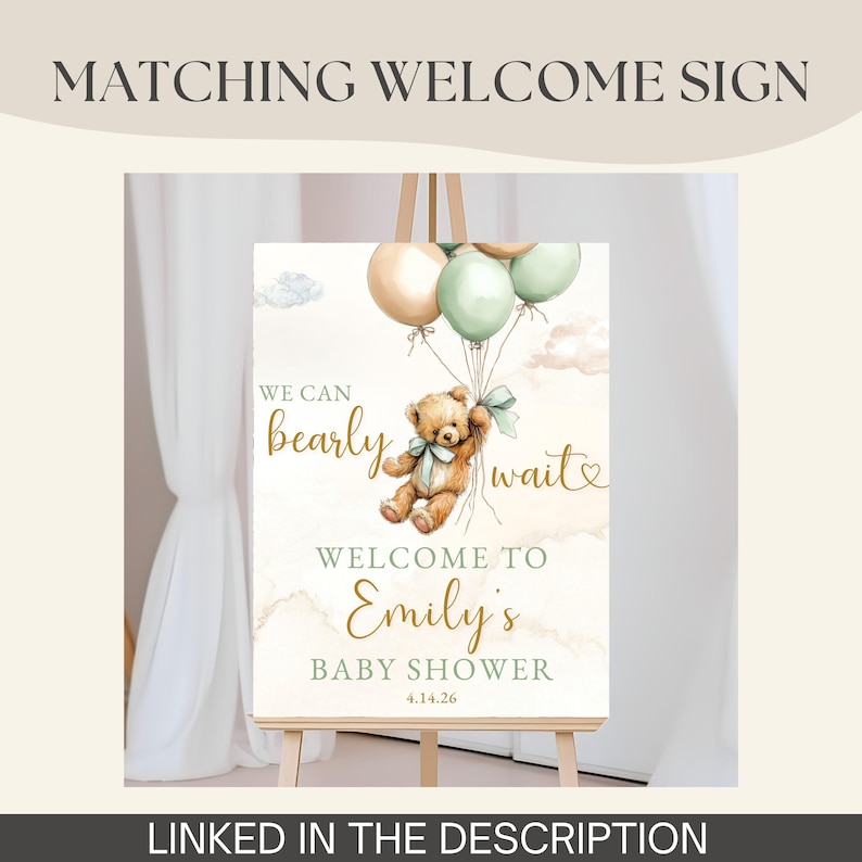 Bear Baby Invitation Template Editable Digital Download Printable Teddy Baby Shower Gender Neutral Invite Green Ballon Bear Cute Girl Boy image 11