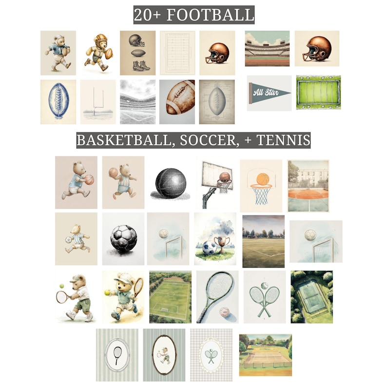 May include: A collection of watercolor illustrations featuring various sports. The image includes football, basketball, soccer, and tennis themes. The text "20+ FOOTBALL" and "BASKETBALL, SOCCER, + TENNIS" are displayed at the top of the image.