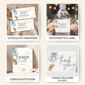 May include: A collection of baby shower stationery items. Includes chocolate wrappers, a water bottle label, a sign that says "Cards & Gifts", and a folded thank you card. All items feature a teddy bear and blue balloons.