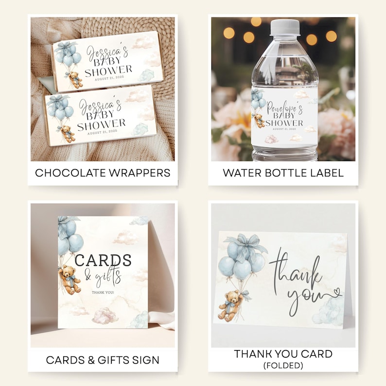 May include: A collection of baby shower stationery items. Includes chocolate wrappers, a water bottle label, a sign that says "Cards & Gifts", and a folded thank you card. All items feature a teddy bear and blue balloons.