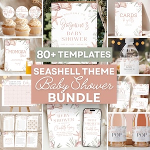 Sea Shell Baby Shower Printable Bundle Digital Download Invitation Bundle Green Pink Girl Beach Baby Shower Sign Edit Neutral Game Set Canva