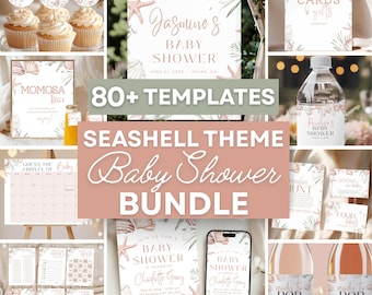 Sea Shell Baby Shower Printable Bundle Digital Download Invitation Bundle Green Pink Girl Beach Baby Shower Sign Edit Neutral Game Set Canva
