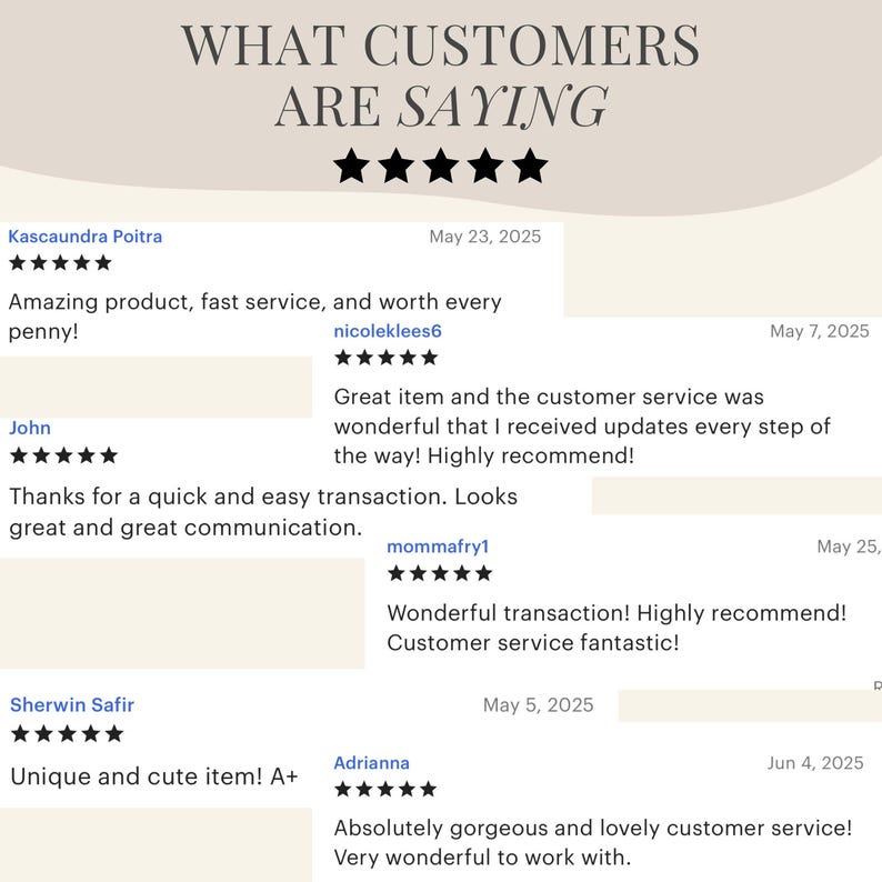 May include: A beige graphic with the text "WHAT CUSTOMERS ARE SAYING" above five black stars. Customer reviews are displayed below, including ratings and comments about product quality and service.