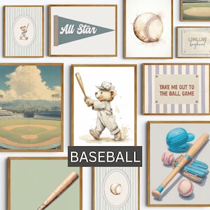 May include: A collection of framed baseball-themed art prints. The prints feature watercolor illustrations of baseballs, a baseball field, a teddy bear playing baseball, and text that reads "All Star" and "Take me out to the ball game".