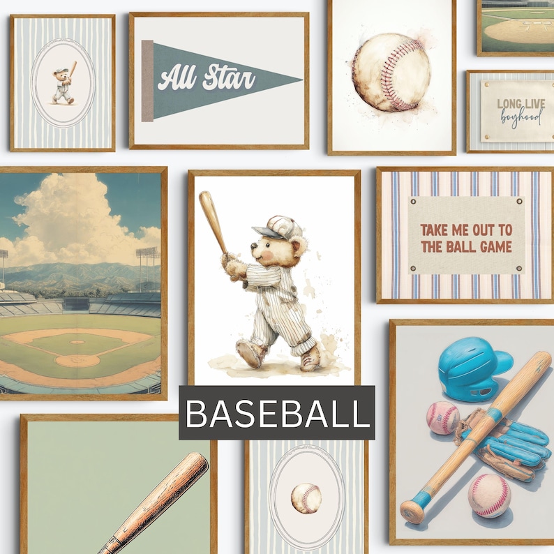 May include: A collection of framed baseball-themed art prints. The prints feature watercolor illustrations of baseballs, a baseball field, a teddy bear playing baseball, and text that reads "All Star" and "Take me out to the ball game".