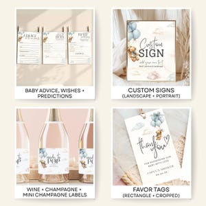 May include: A collection of baby shower stationery items. Includes advice cards, custom signs, champagne labels, and favor tags. Designs feature teddy bears, balloons, and soft watercolor backgrounds. The text includes "Baby Advice", "Custom Sign", and "Thank You".
