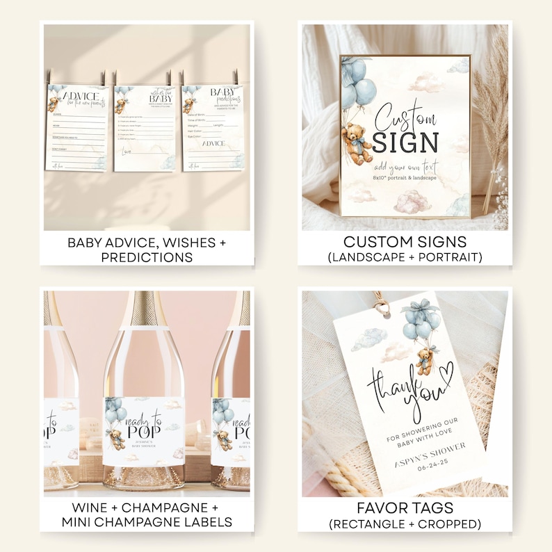 May include: A collection of baby shower stationery items. Includes advice cards, custom signs, champagne labels, and favor tags. Designs feature teddy bears, balloons, and soft watercolor backgrounds. The text includes "Baby Advice", "Custom Sign", and "Thank You".