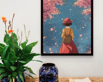 Ghibli-Inspired Girl Under Cherry Blossoms - Whimsical Spring Art Print - Japanese Anime Style Wall Deco
