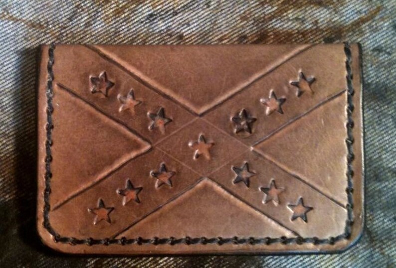 Confederate Flag Hand Tooled Two Pocket Leather Wallet Etsy