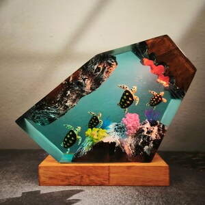 Handcrafted Ocean Resin Lamp with Sea Turtles, Housewarming Gift, Handmade Ocean-Inspired Lighting, Table Lamp, Gift For Him, Back To School