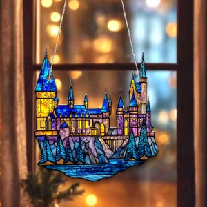 Magical Castle Suncatcher – Faux Stained Glass Fantasy Acrylic Window Hanging, Enchanted Wizard Decor, Book Nook Gift for Readers