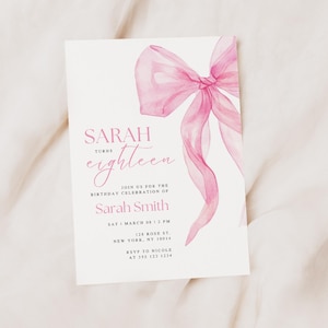 Modèle d'invitation d'anniversaire avec noeud rose Faire-part avec noeud rose preppy Invitation noeud coquette rose Faire-part 18e anniversaire Modèle d'invitation coquette