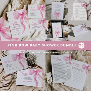 Pink Bow Baby Shower Bundle Pink Bow Baby Shower Game Bundle Editable Template Baby Shower Pink Bow Invitation Bundle Girl Baby Shower Decor
