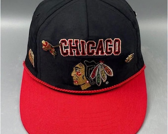 VTG 90s Chicago Blackhawks The Game Rope Hat Leather Strapback w/ Pins Green Underbrim NHL Cap Rare