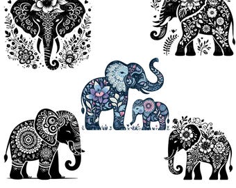 Ensemble PNG de cliparts éléphant floral : images d'animaux (téléchargement numérique)