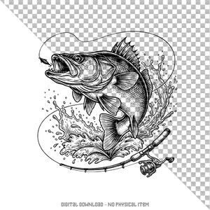 Puede incluir: Ilustración en blanco y negro de un róbalo saltando del agua, con caña y señuelo. La imagen incluye salpicaduras de agua y el texto "DESCARGA DIGITAL - NO ES UN ARTÍCULO FÍSICO" en la parte inferior.