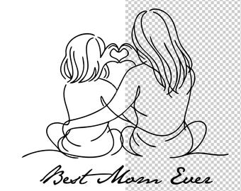 Mom Ever-lijnkunst, png, moeder-dochterhart, zwart-wit ontwerp (digitale download)