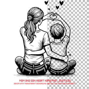 Puede incluir: Ilustración en blanco y negro de una madre y un hijo sentados de espaldas, haciendo una forma de corazón con sus manos. La imagen tiene un fondo transparente.