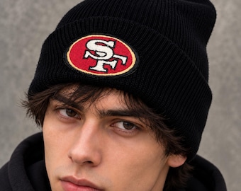 Vintage San Francisco 49ers Beanie Made in USA Schuessler Knitting Mills NFL Football Black Knit Hat SF Logo Patch Retro Winter Cap