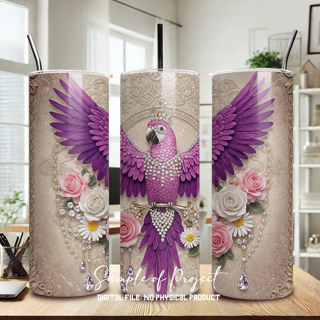 Image showcasing 3D Macaw Tumbler Wrap: Valentine's Day Sublimation Design (PNG Digital ...
