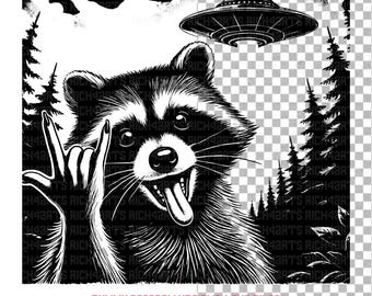 Design för tvättbjörn, UFO-invasion | Rolig skjort-sublimering (SVG och PNG)
