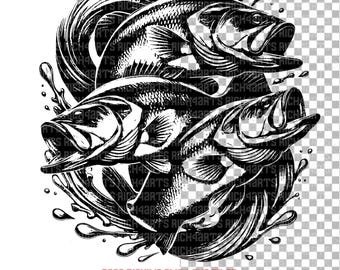 Schwarzer Bass Fischen: SVG PNG Datei (Digitaler Download)