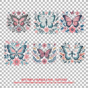 6 Schmetterling in Blumen Clipart | PNG & SVG | Wildblumen Aquarell Clipart | Hochwertiger digitaler Download | Papiermodell und Junk Journal