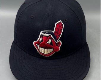 Vintage 90s Cleveland Indians Chief Wahoo Hat New Era 59Fifty Fitted 7 1/8 Grey Underbrim 100% Wool Made in USA MLB Diamond Collection