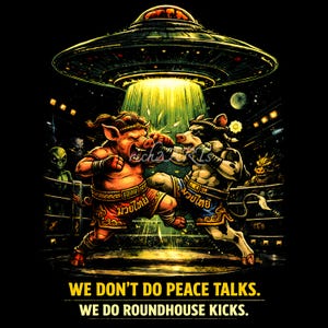 Puede incluir: Ilustración digital de un cerdo y una vaca luchando Muay Thai bajo un OVNI. El cerdo lleva pantalones cortos rojos, y la vaca pantalones cortos azules. La imagen incluye el texto: "WE DON'T DO PEACE TALKS. WE DO ROUNDHOUSE KICKS."
