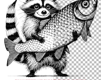 Funny Raccoon Holding Fish SVG PNG: Cricut, Sublimation (Digital Download)