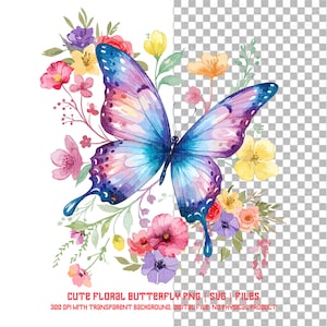 Cute Floral Butterfly PNG - Butterflies Clipart Digital Download, Printable Art, Instant Download, Nature Illustration, Scrapbooking Graphic