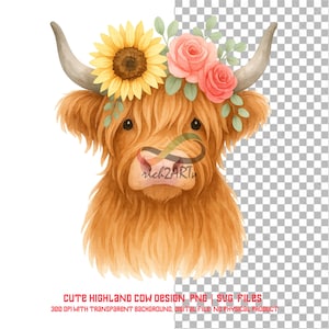 Clipart de vaca das Terras Altas em aquarela: coroa floral, PNG PDF (download digital)