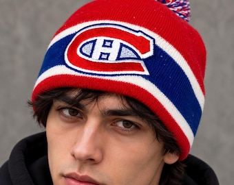 Vintage Montreal Canadiens PUMA Beanie Pom Pom NHL Hockey Knit Hat Red Blue Made in Korea Retro Habs Winter Cap