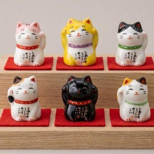 May include: A set of six small ceramic cat figurines in various colors including white, yellow, and black, each with a raised paw and Japanese text on the chest, displayed on a two-tiered wooden stand with individual red felt squares.