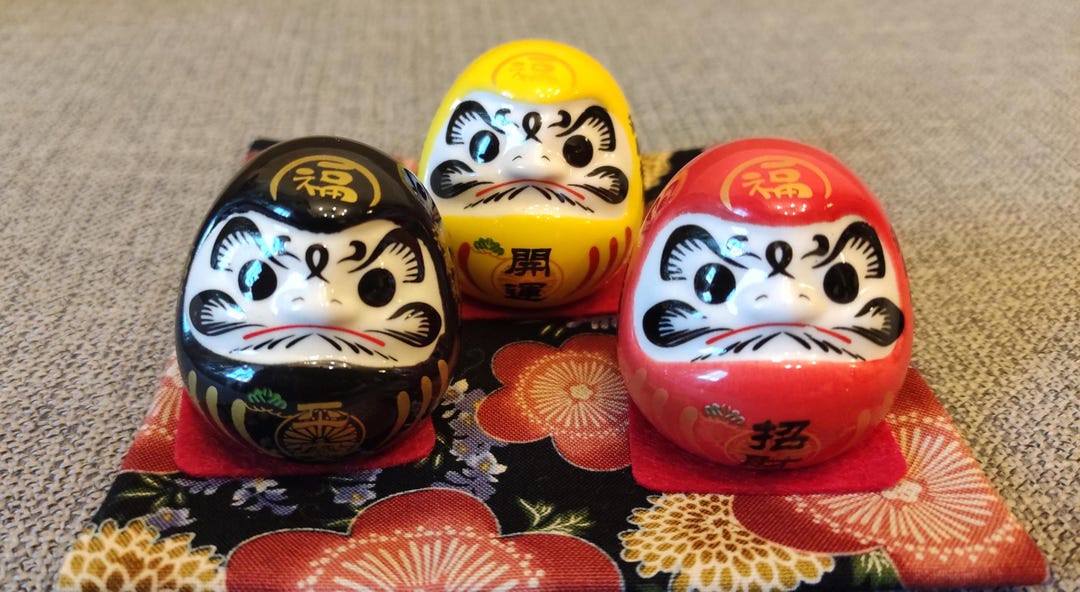 Japanese Mini Daruma (black, Red & Yellow) With Japanese Chirimen Base ...