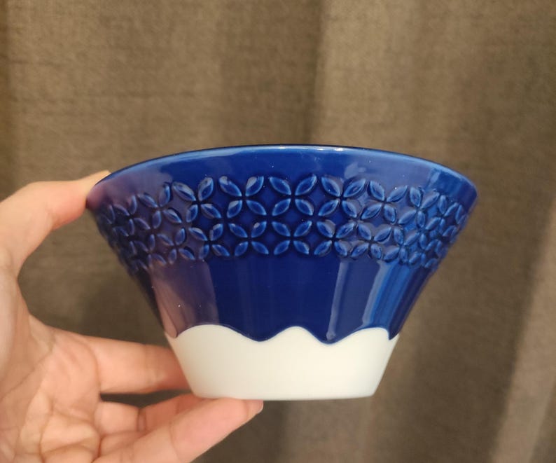 Pu&ograve; includere: Una ciotola in ceramica blu e bianca con un motivo decorativo attorno al bordo. La ciotola &egrave; leggermente svasata e ha un bordo bianco.